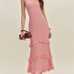 Reformation Strapless Pink Ruffle Dress. Ellora Dress